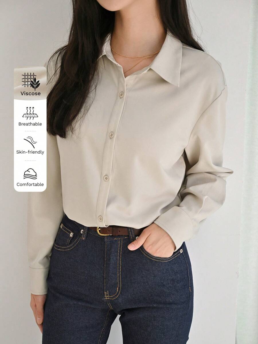 DAZY Camisa con botones y hombros caídos, blusa de manga larga