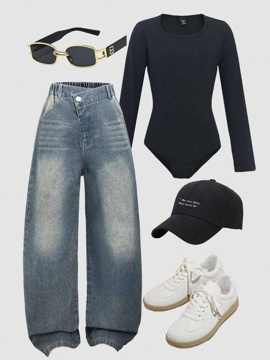SHEIN Mono negro ajustado y jeans casuales de pierna ancha con cintura asimétrica suelta, diseño versátil de moda para uso diario para adolescentes chicas