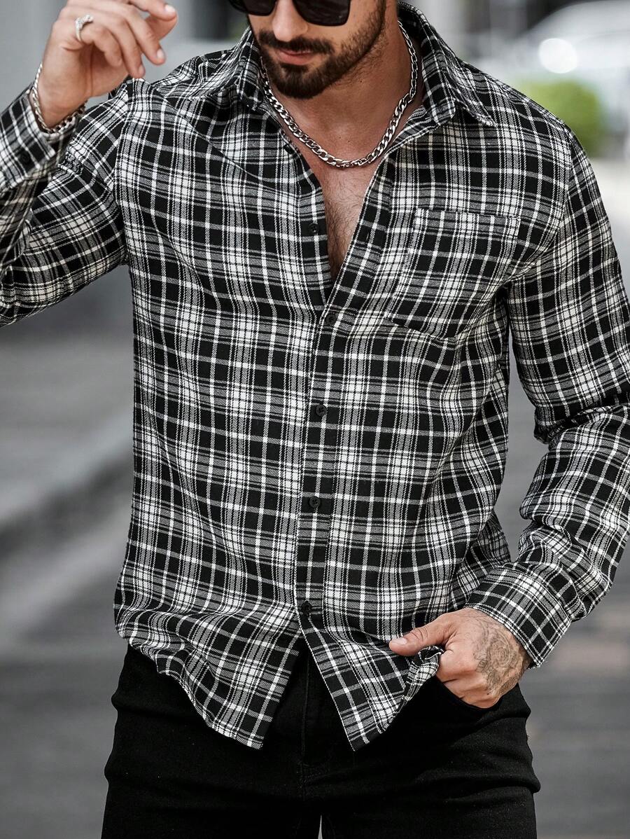 Manfinity LEGND Camisa casual de manga larga con botones delanteros, bolsillo parche y estampado de cuadros, camisa de salida con cuello casual, versátil para hombres