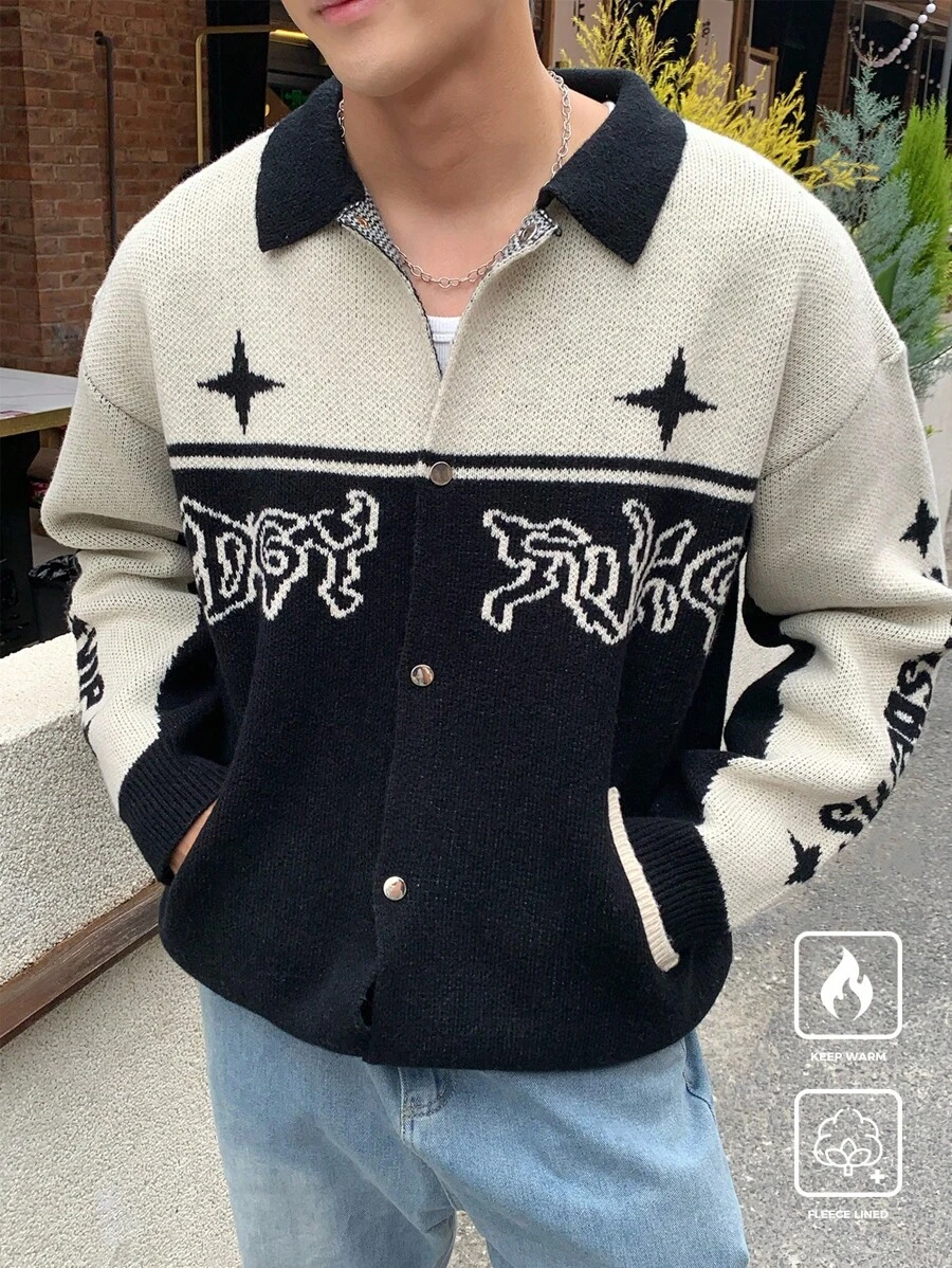 Manfinity Hypemode Men's Color Contrast Letter Print Drop Shoulder Long Sleeve Casual Cardigan, Autumn/Winter