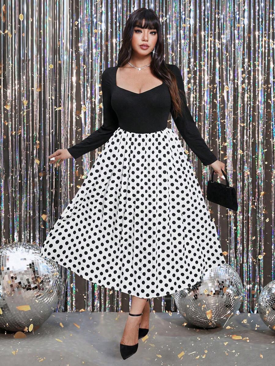 Franclia Plus Size Women Vintage Polka Dot Long Sleeve Dress, Black And White, Autumn