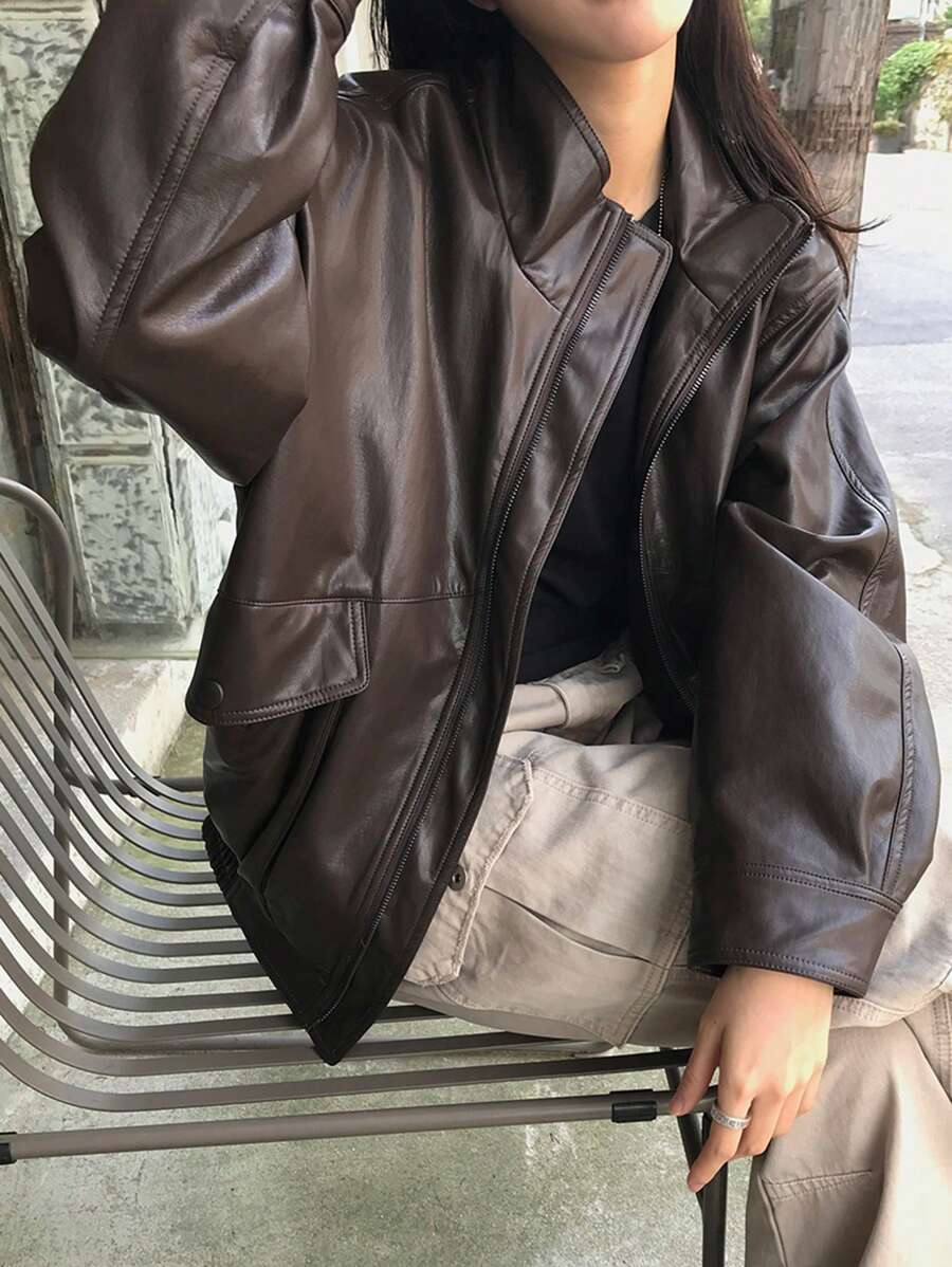 DAZY Chaqueta holgada con cremallera, cuello y bolsillos de piel sintética para mujer, para primavera y otoño