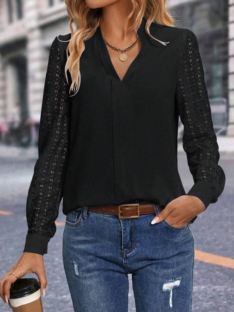 SHEIN Clasi Women V-Neck Long Sleeve Shirt, Solid Color, Casual And Fashionable For Daily Wear