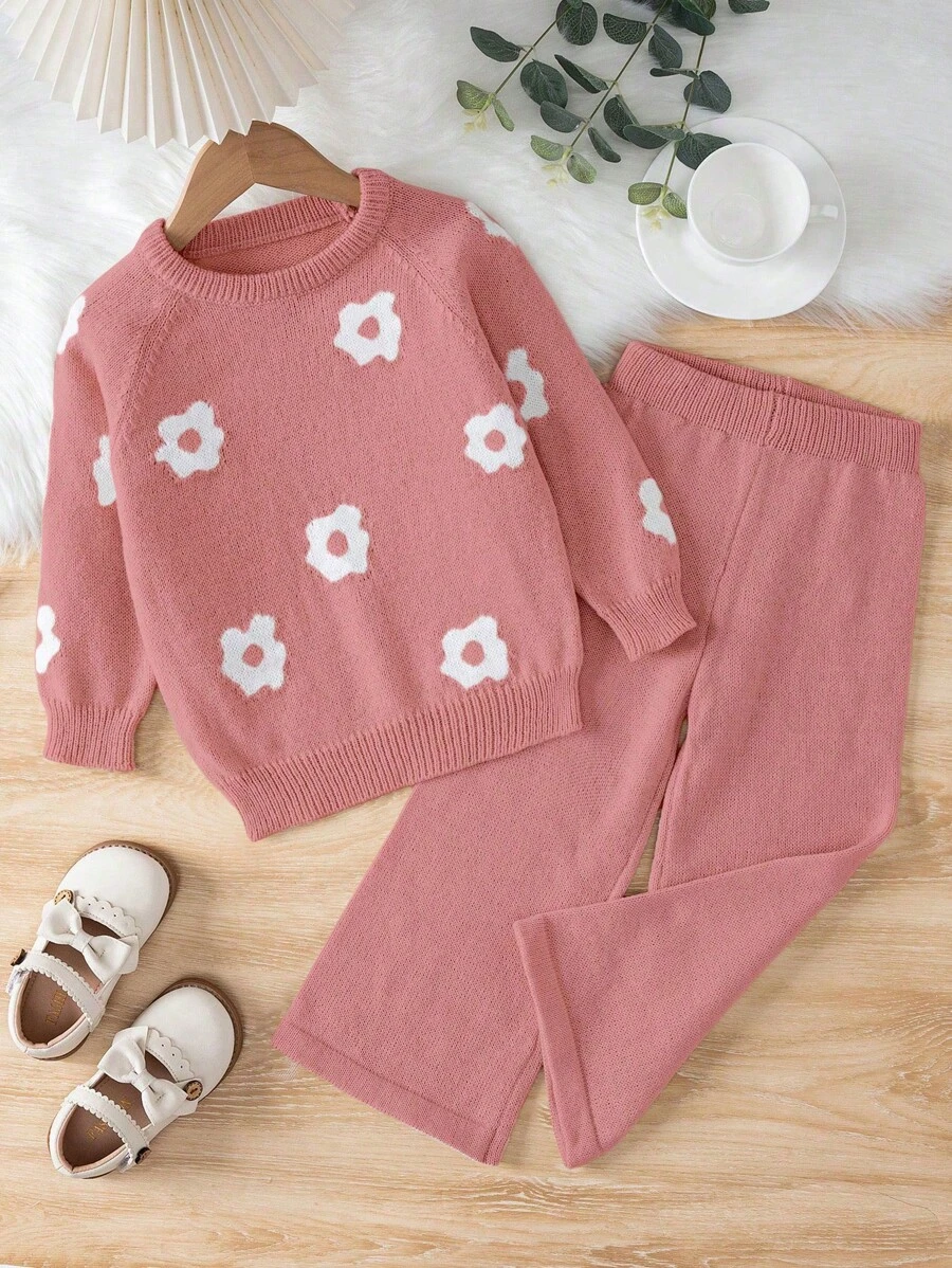 SHEIN Jong meisje bloemenpatroon ronde hals lange mouw gebreide trui en broek set, casual
