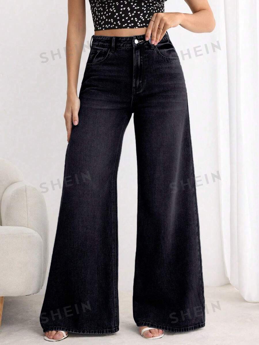SHEIN Essnce Jeans anchos casuales sencillos con bolsillos y botones frontales para mujer