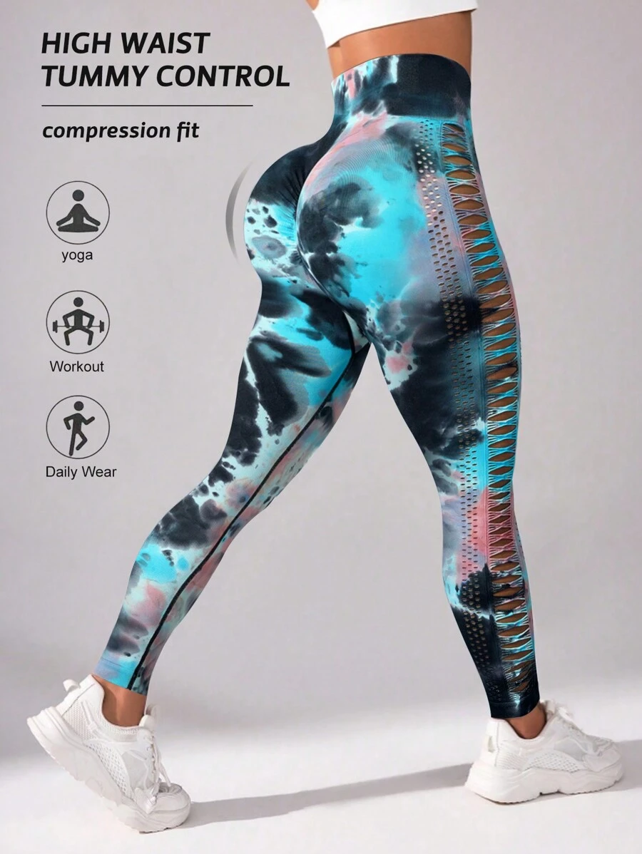 SHEIN Sport Studio Tie Dye Mesh High Waist Tight Yoga Leggings, Suitable For Yoga And Exercise