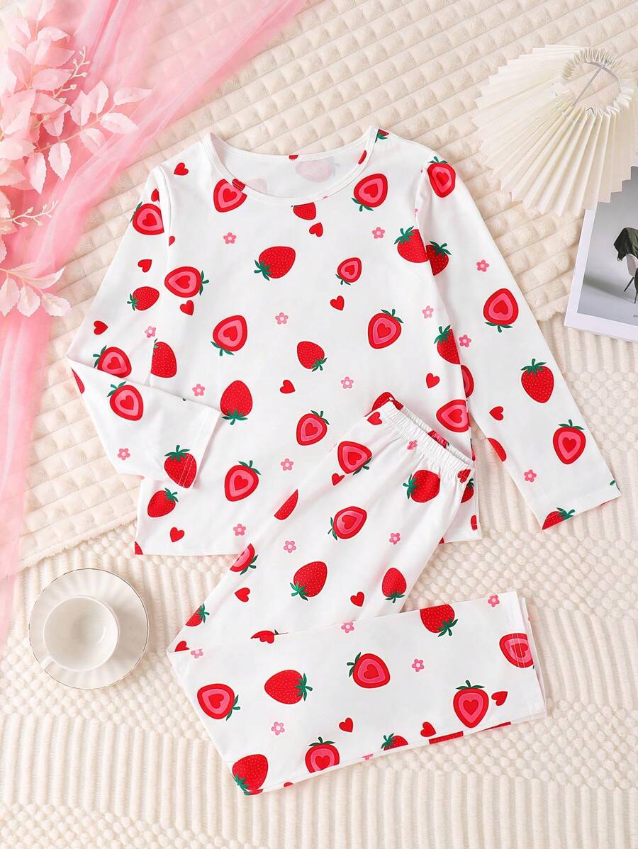 Pijamas de niñas con estampado de fresas lindas y dulces, para verano