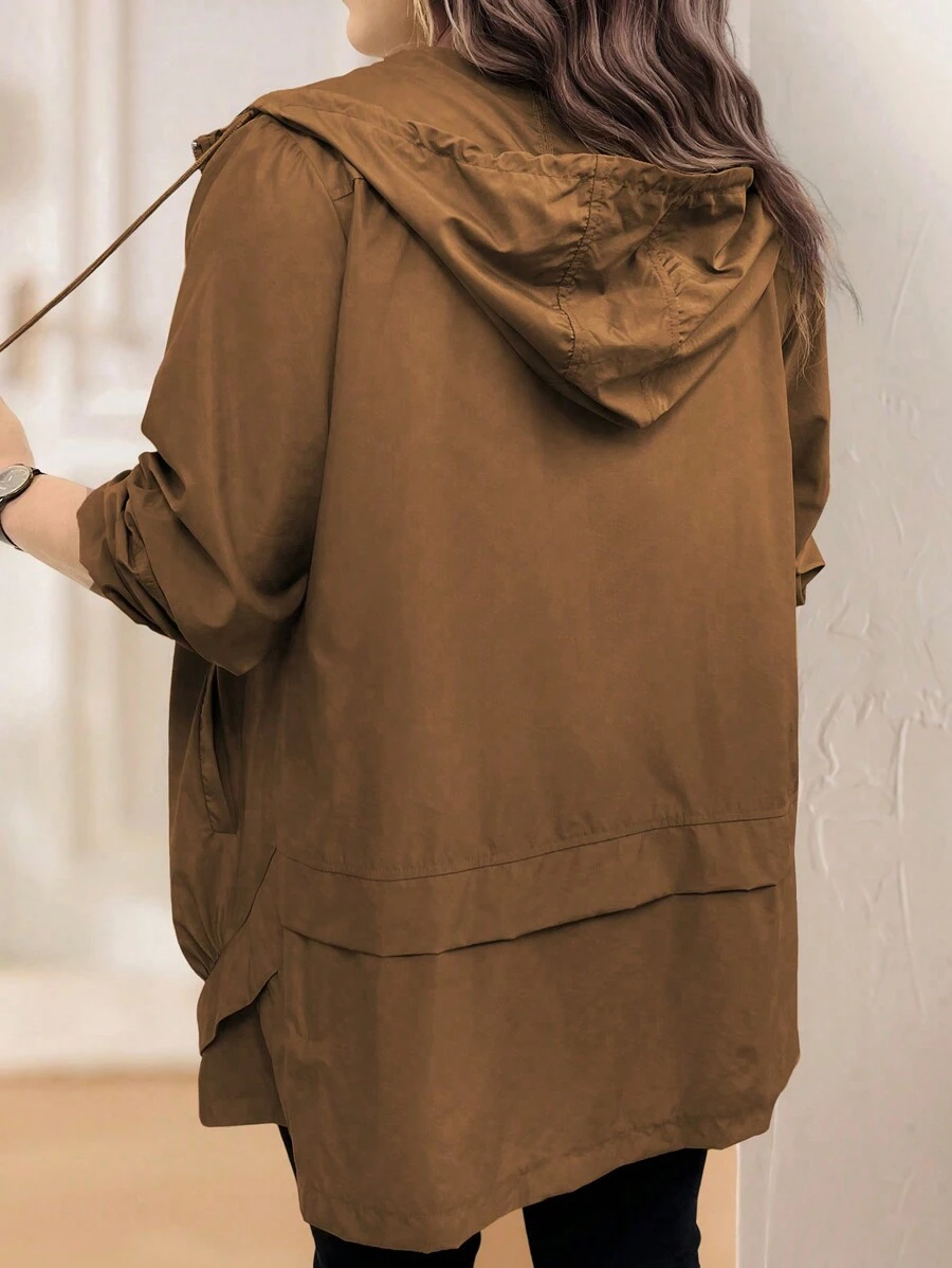 Calvaya Plus Size Jednolity kolor Zamek błyskawiczny z przodu Długi rękaw Kieszeń Minimalistyczna swobodna bluza z kapturem