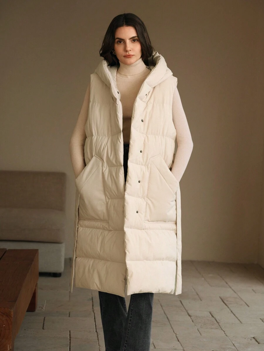 Anewsta Thick Long Sleeveless Waist-Drawn Horizontal Seam Vest Women's Coat