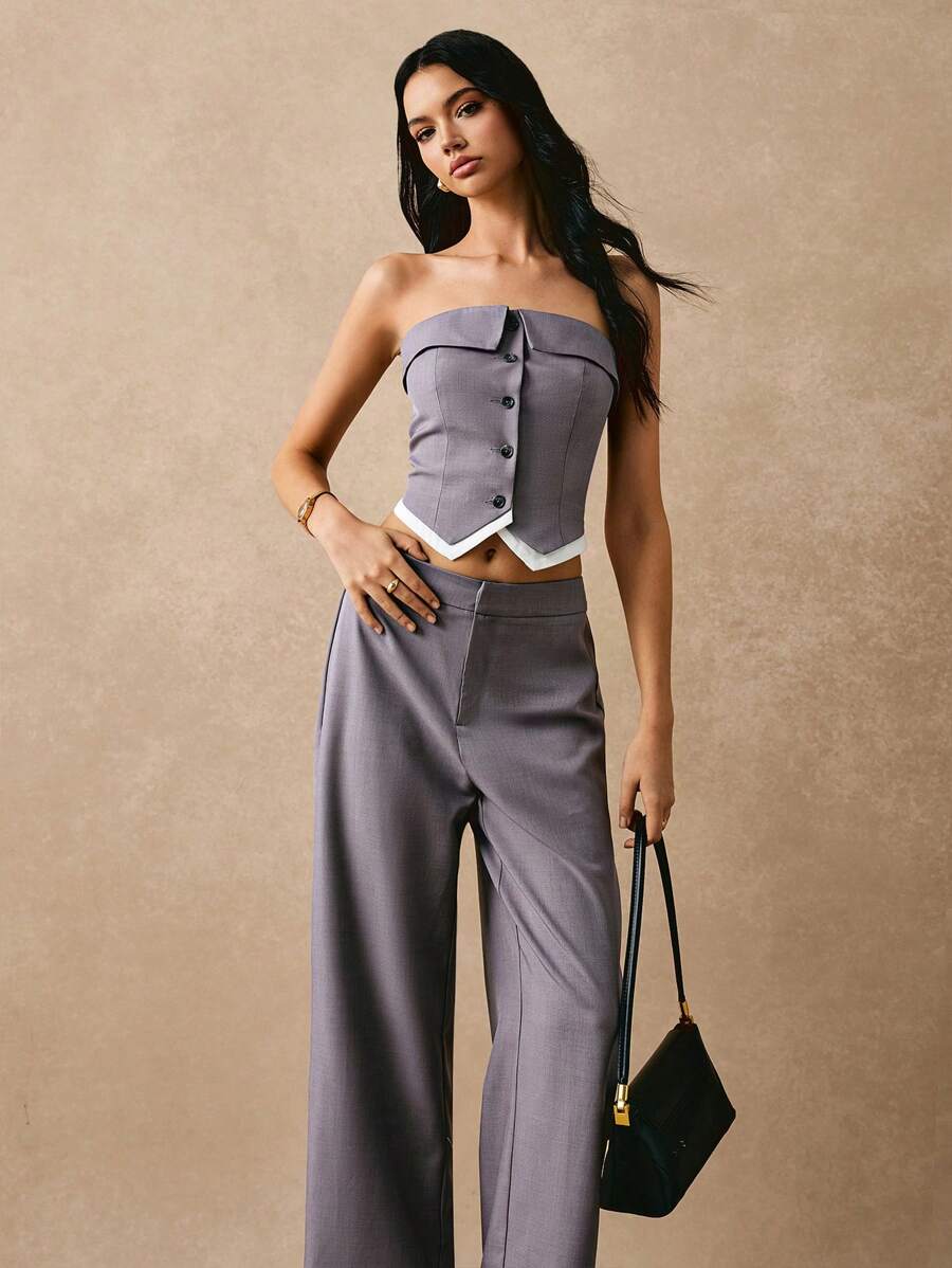 Poéselle Women's Contrast Color Single-Breasted Top And Pants 2 Pieces Casual Set, Everyday Wear, Fashionable For Daily Wear, Daily Wear, Suitable For Daily, Street, Commuting, Dating, Party And Other Occasions To Wear