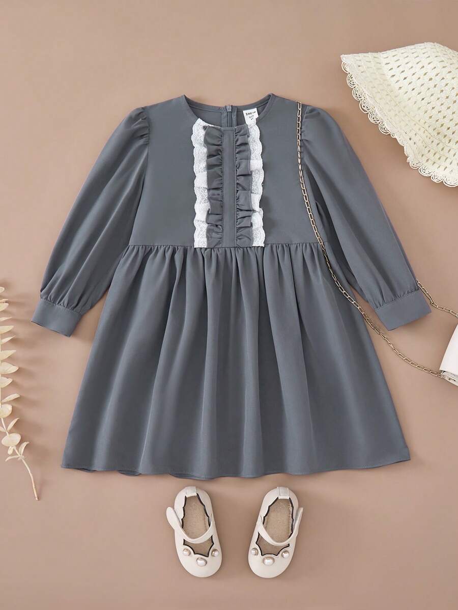 PrepCrw Young Girls' Autumn/Winter College Style Navy Blue Lace Trim Woven A-Line Ruffle Hem Decor Dress