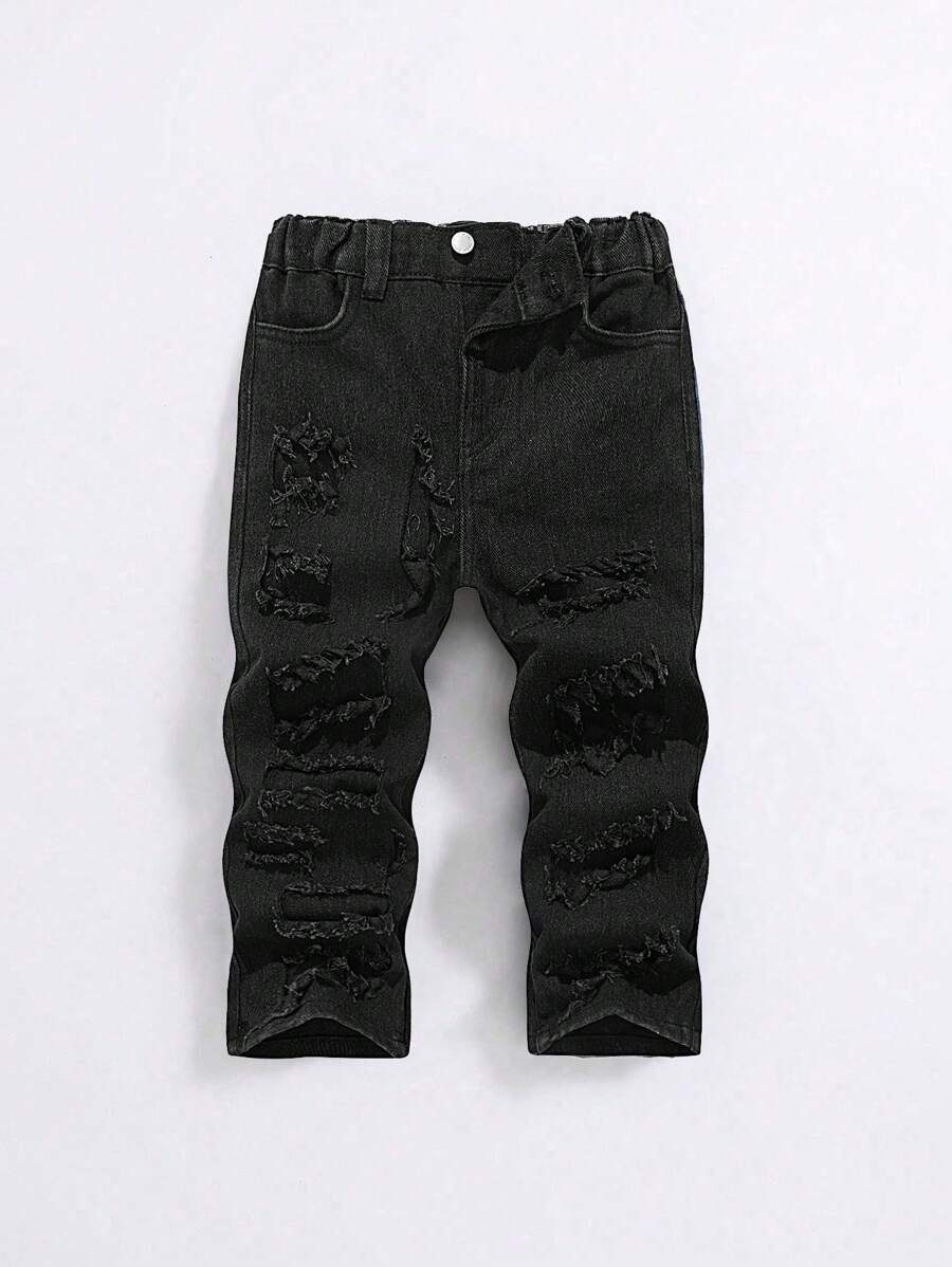SHEIN Jonge jongens modieuze versleten gescheurde gerafeld patchwork losse pasvorm baggy zwarte jeans, vrijetijds- en veelzijdige voor kinderen herfst/winter outdoor kleding outfits