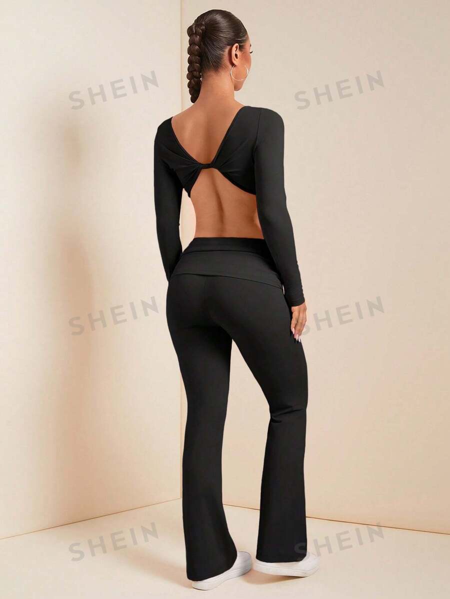 SHEIN SXY 2 piezas Conjunto de top casual de manga larga y cuello redondo de color liso, y pantalones para mujer