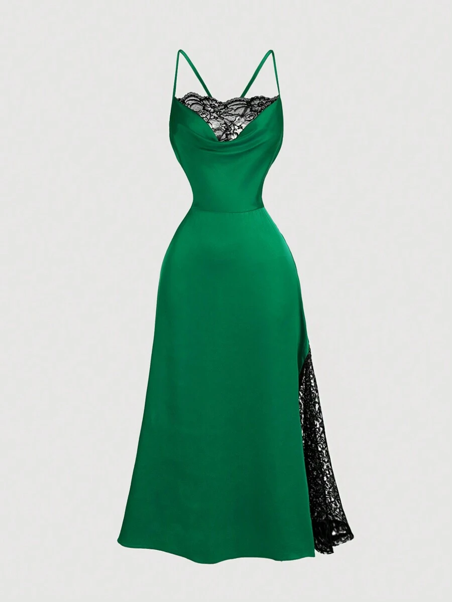 SHEIN MOD Robe vert femme à col drapé avec patchwork de dentelle, robe femme, robe femme pour le nouvel an, robe vampire, gothique, robe élégante, tenue femme, vêtements d'automne femme robe, robe verte sexy, costume de diable, robe vampire, robe de sorcière, tenue pour le Jour des Morts