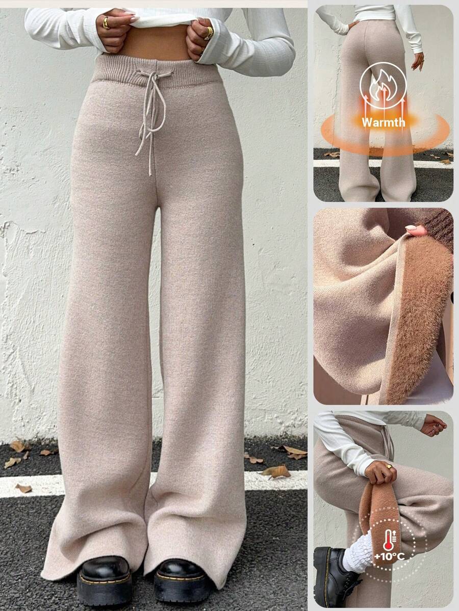 SHEIN Essnce Women's Solid Color Waist Tie Loose Fit Thermal Lined Sweater Pants, Casual, Autumn/Winter