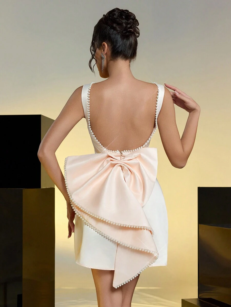 Lovelzi Elegant And Romantic Champagne-Colored Satin Gorgeous Faux Pearl Webbing Exaggerated Bow U-Shaped Back Evening Bachelorette Party, Prom Date, Birthday Cocktail Dress, Wedding Guest Dress