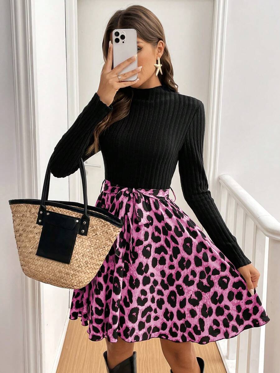 SHEIN Frenchy Women's Solid Color Patchwork Stand Collar Long Sleeve Front Tie Simple Casual Short Dress