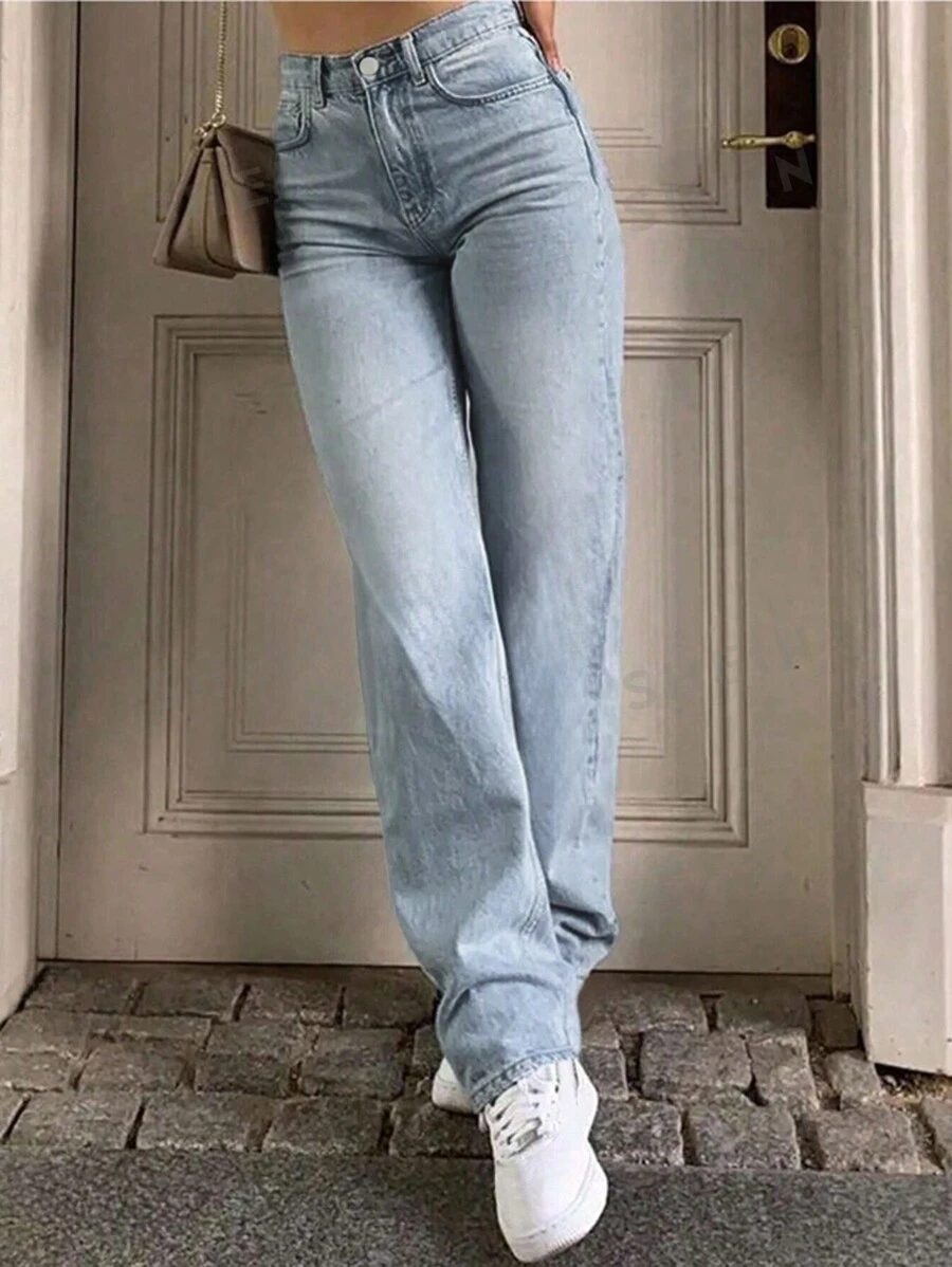 SHEIN Privé Jeans rectos de mujer con bolsillos, de ajuste relajado y sin elasticidad