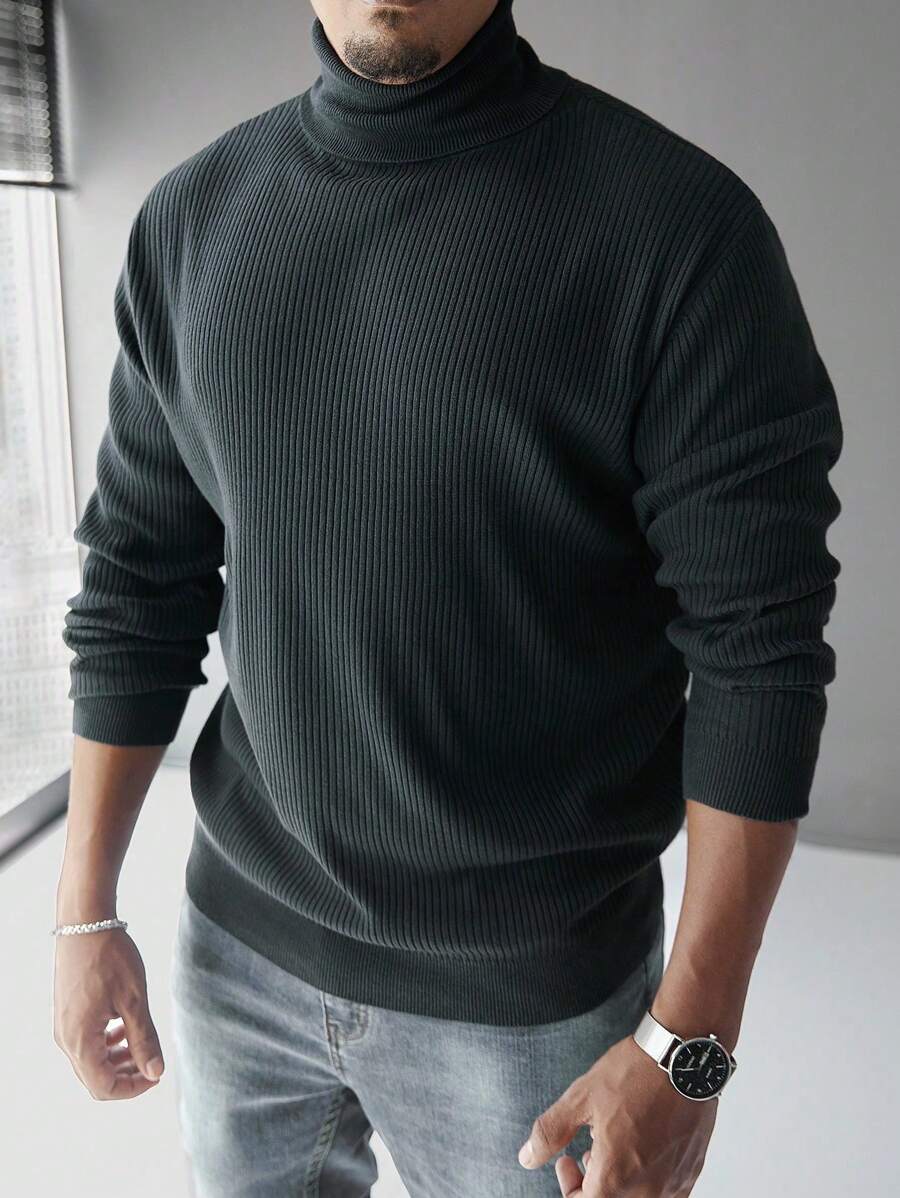 Manfinity CityGents Jerseys de cuello alto de color negro liso de manga larga para hombre, ideales para el otoño y el invierno