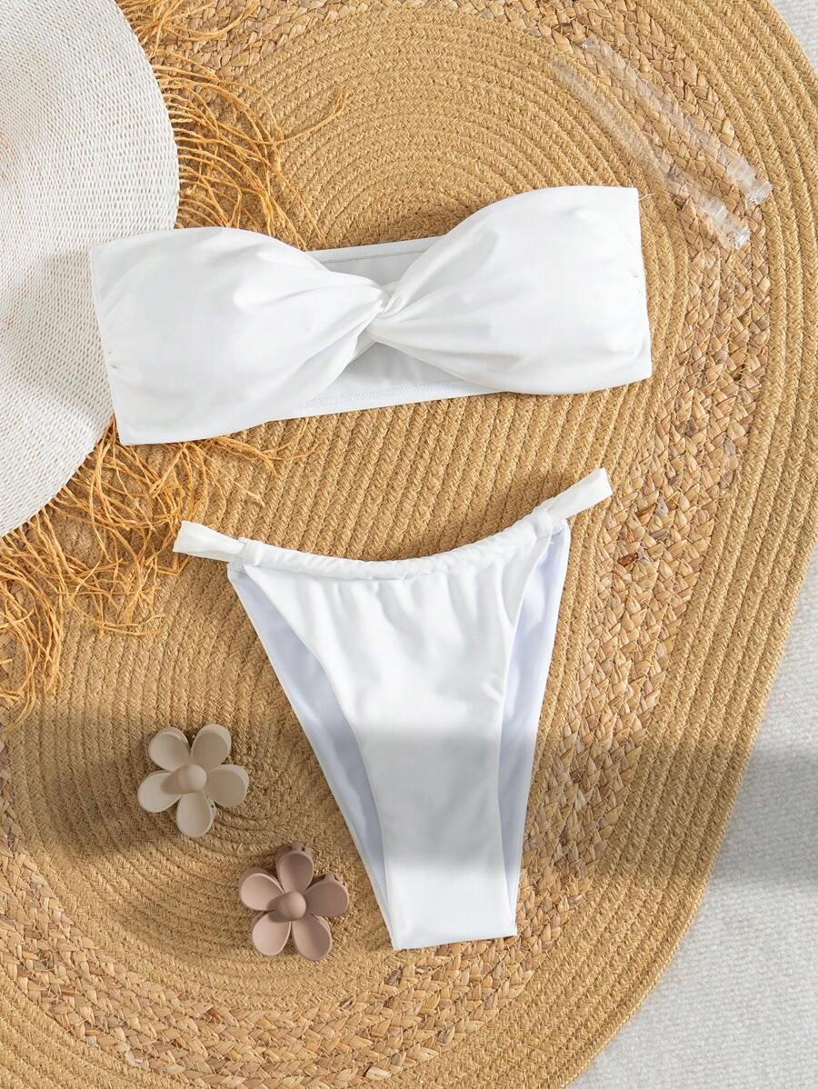 SHEIN Swim Spaghetti Strap Halter Neck Crop Top And Thong Bikini Set Summer