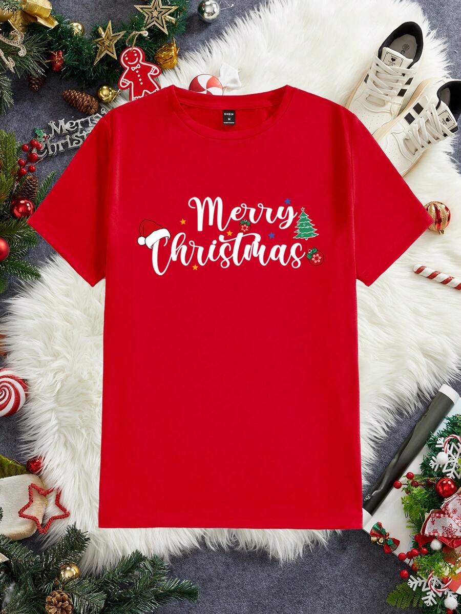Manfinity Homme Manfinity Men Christmas Logo Print Classic Round Neck T-Shirt, Casual Style, Christmas Gift Men Red T-Shirt