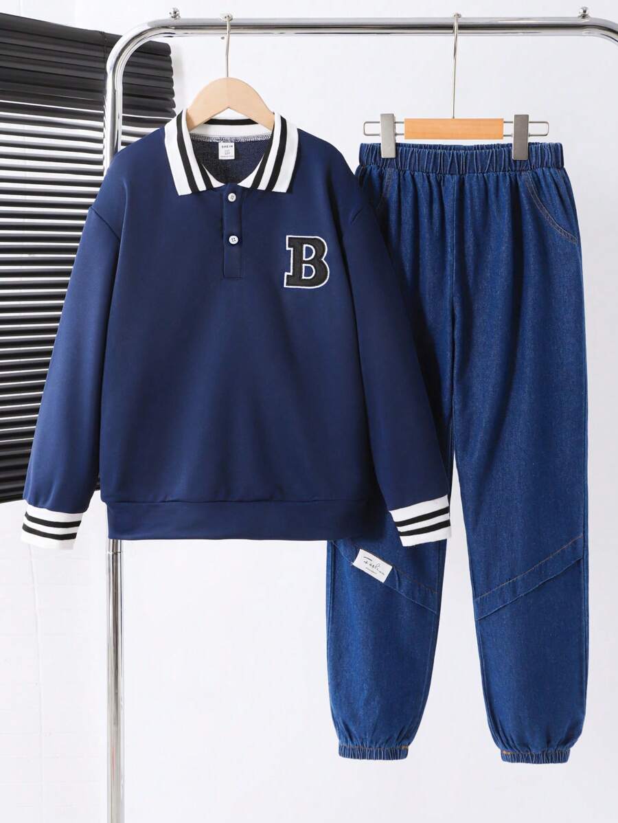 SHEIN Conjunto de 2 piezas de sudadera con cuello de polo y aplicación de letra talla grande pantalones vaqueros casuales para niños, adecuado para primavera y otoño