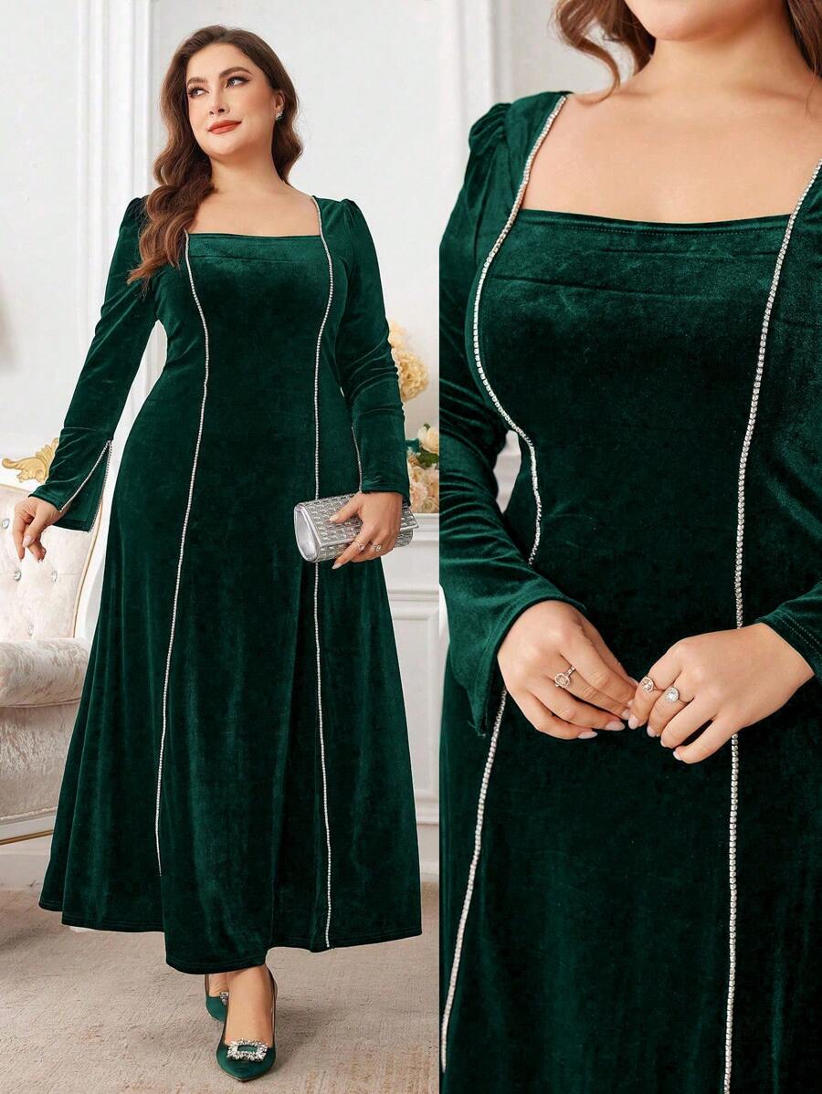 Modelyn Elegancka sukienka wieczorowa z dekoltem w serek i diamentowymi paskami z aksamitu w dużych rozmiarach