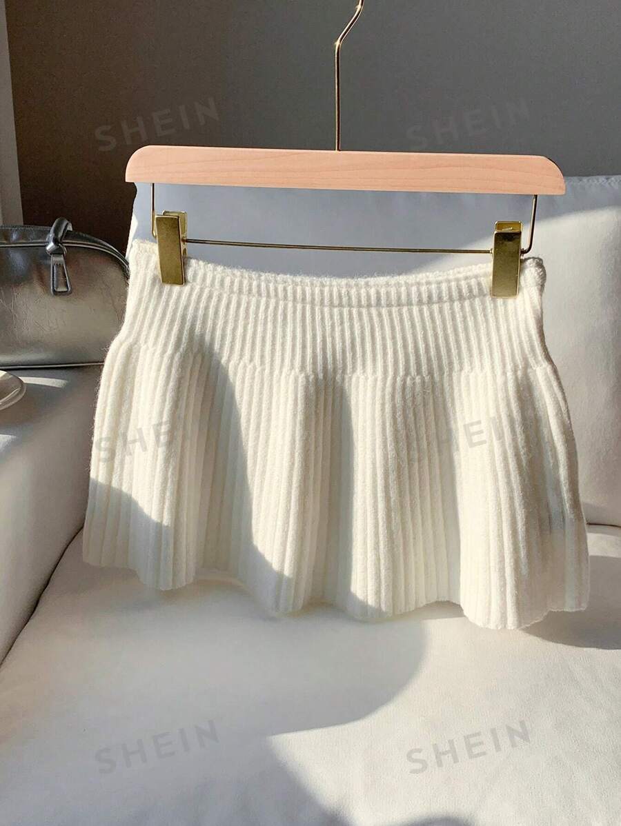 Comfortcana 1 pieza Minifalda casual de punto con costillas de unicolor para mujer en otoño/invierno
