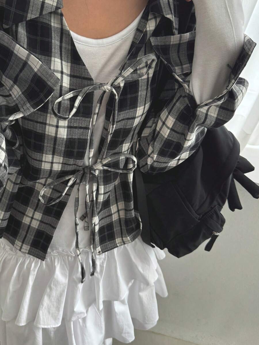 DAZY Women's Regular Collar Black & White Plaid Long Sleeve Bowknot Blouse, Spring/Summer/Autumn Cute Tops