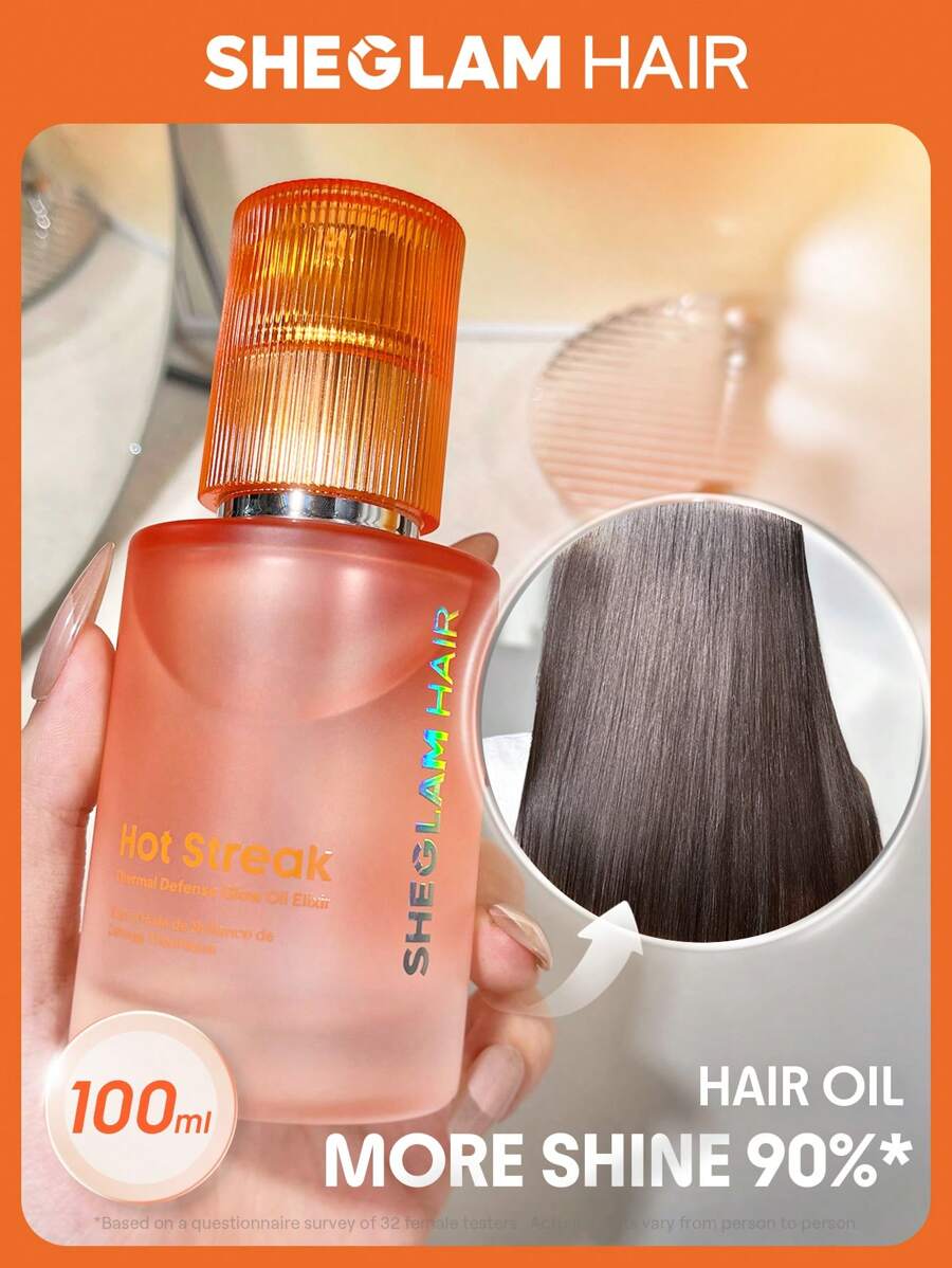 SHEGLAM HAIR Hot Streak Thermal Defense Glow Oil Elixir-100ml/3.4 Fl Oz,Hair Care Essential Oil,Rose Scent Hydrating Oil Serum For Deep Nourishment,Hair Oil Heat Protection Curly Hair Products Hair Treatment Serum,Tames Frizz And Seals In Shine,Heat Protection Enriched With Sunflower Seed Oil Weightless Mist Spray For All Hair Types Makeup Beach Y2k Travel Camping School Cosplay Gift Campus Fashion