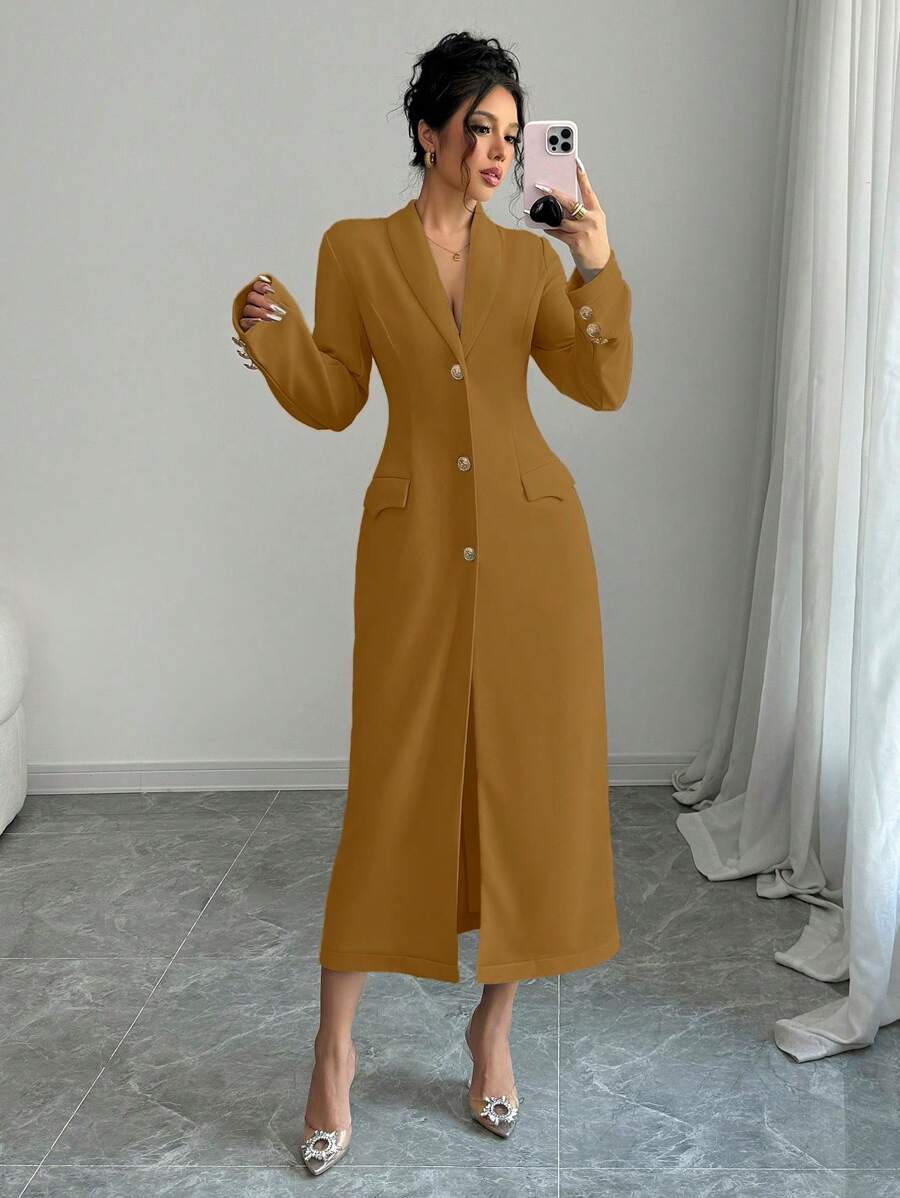 Elenzga Women's Front Button Long Sleeve Pocket Minimalist Casual Long Jacket
