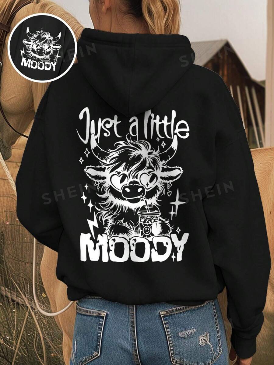 INAWLY Sudadera casual de manga larga y cuello de capucha con eslogan y gráfico de vaca, para otoño/invierno, Top de manga larga
