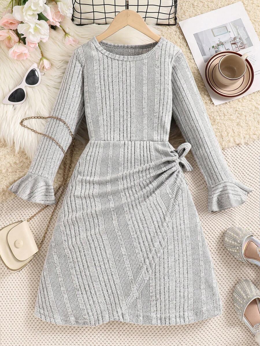 Flare Sleeve Knit Round Neck Tie-Up Dress, Tween Girl Long Sleeve New Autumn Dress