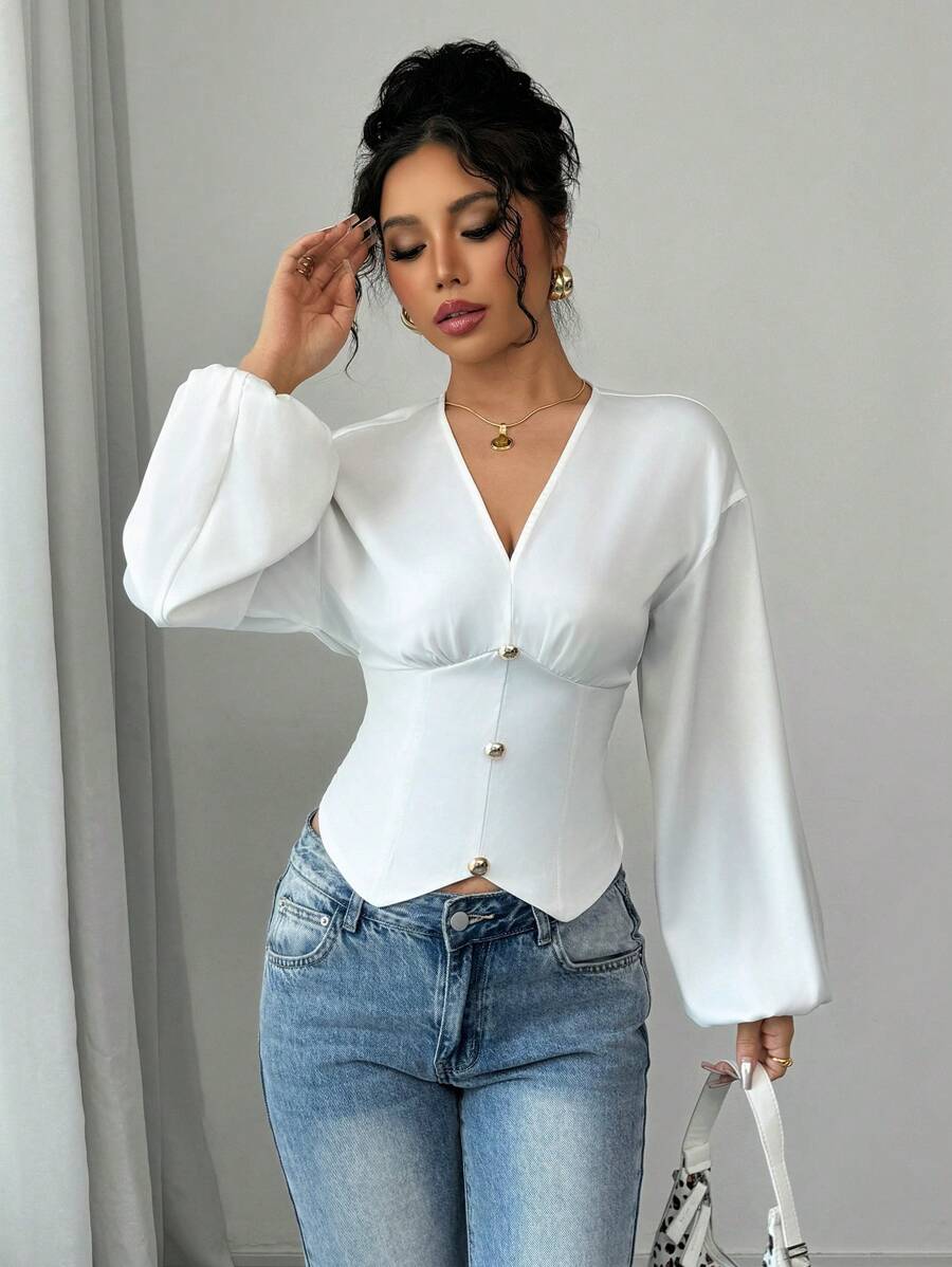 Elenzga Women's Elegant Fashion Commute Long Sleeve V-Neck Waisted Gold Button Solid Color Satin Blouse