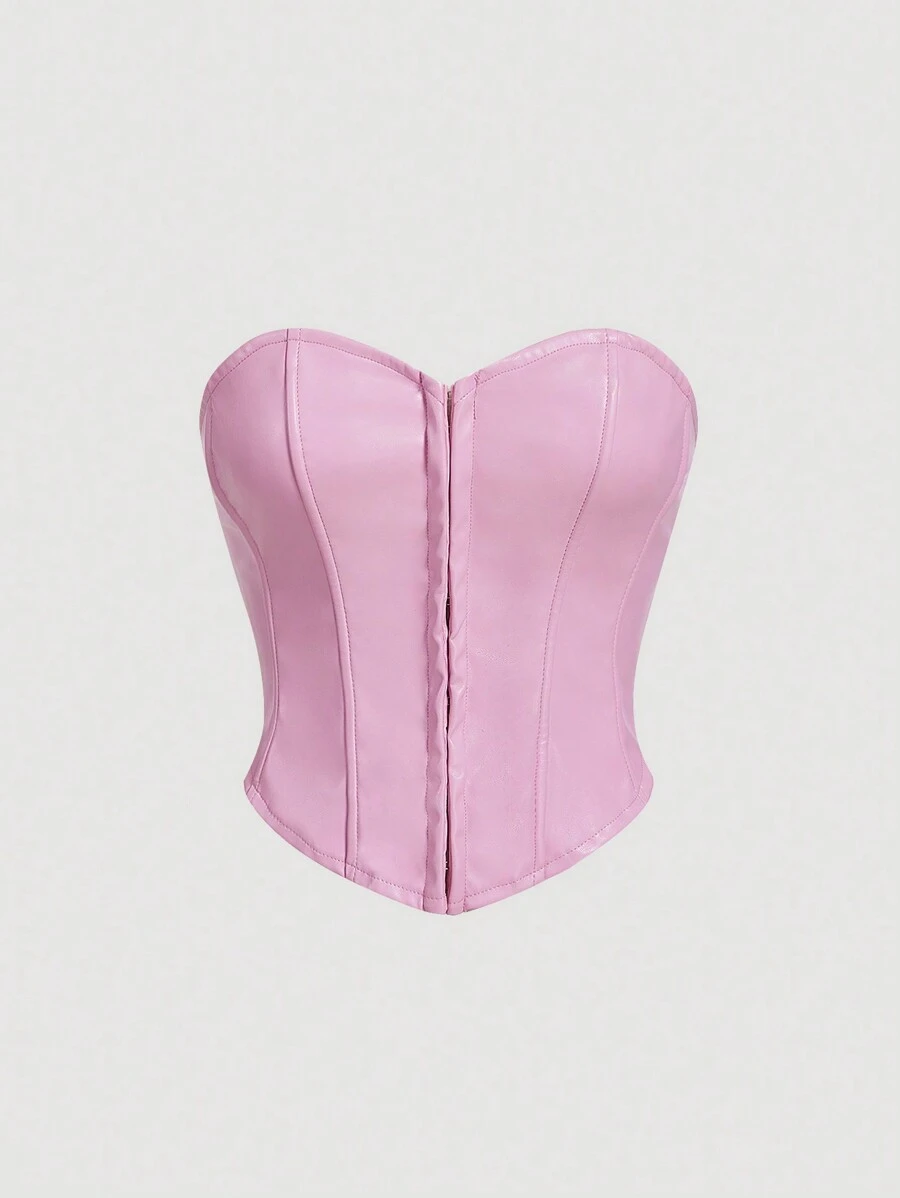 SHEIN MOD Solid PU Leather Bustier Tube Brown Breast Cup Waist Shaping Corset Top