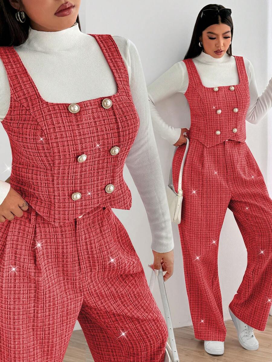 Flirla Plus Size Sleeveless Contrast Color Lapel Button Woolen Vest & Pants Suit, Casual, Work, Party, Date Elegant Outfit For Autumn/Winter For New Year Clothes