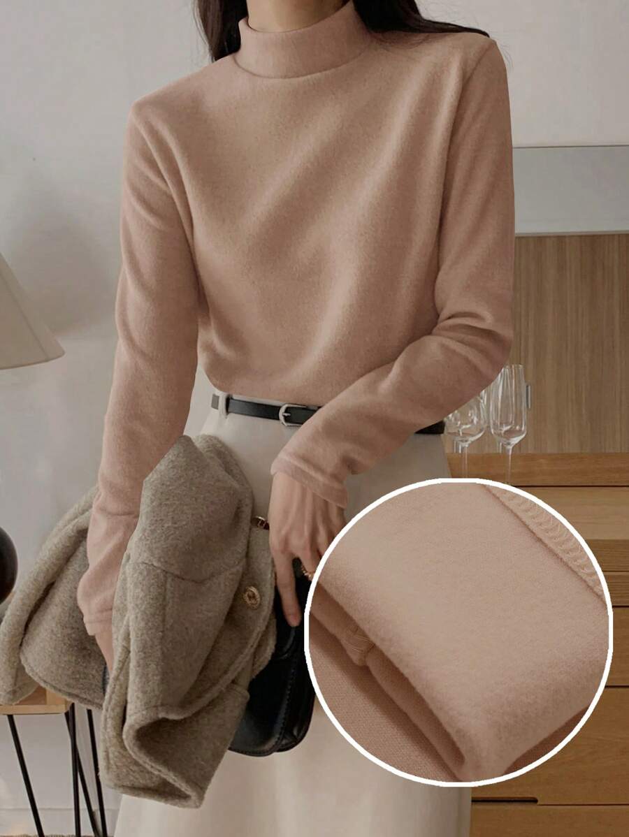 DAZY Women Stand Collar Long Sleeve Solid Color Casual T-Shirt, Fashionable And Suitable For Daily Wear