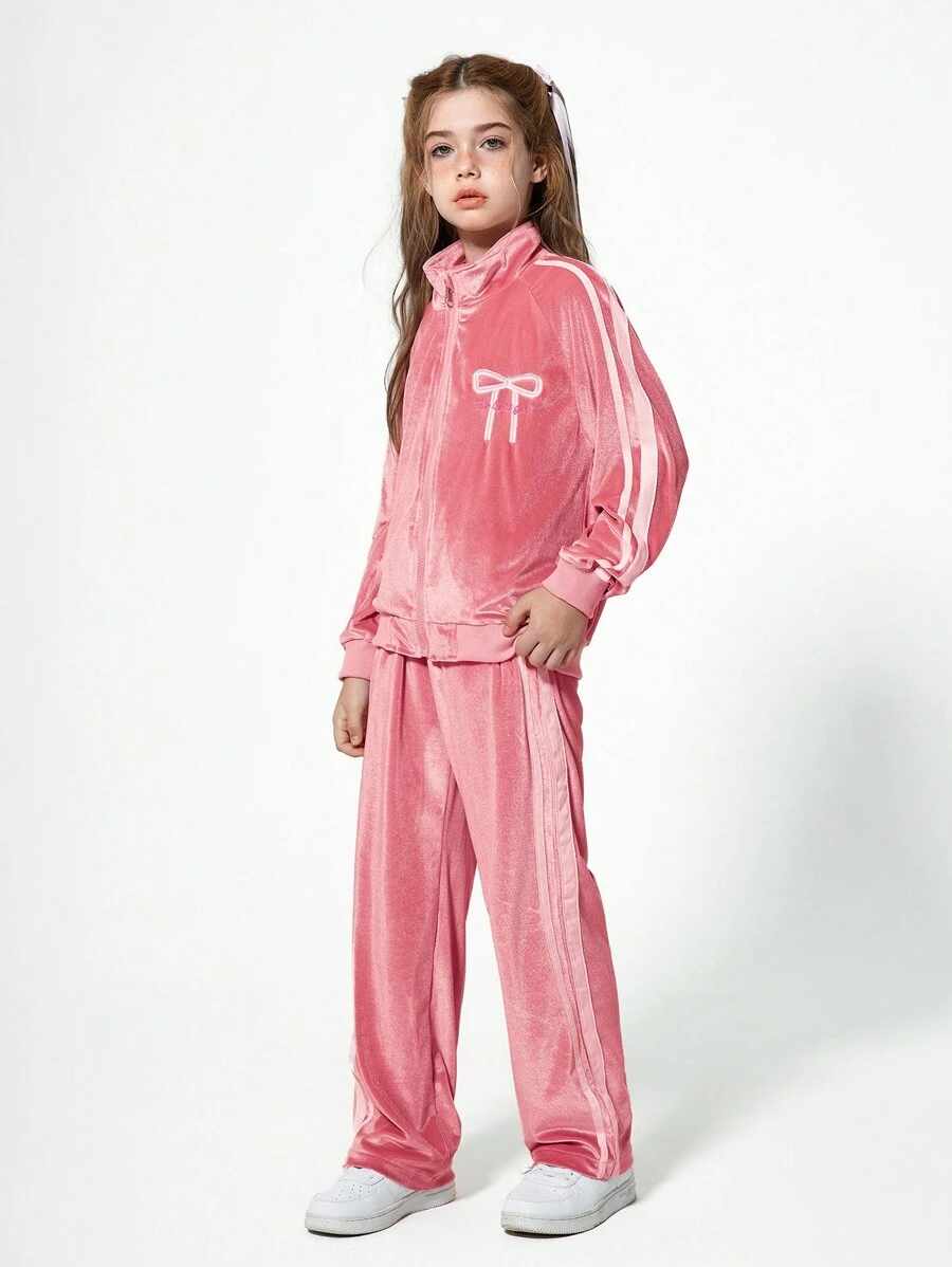 SHEIN Conjunto de 2 piezas para niña preadolescente casual y de moda, compuesto por sudadera con capucha con cremallera y bordados de lazos, y pantalones, para el otoño