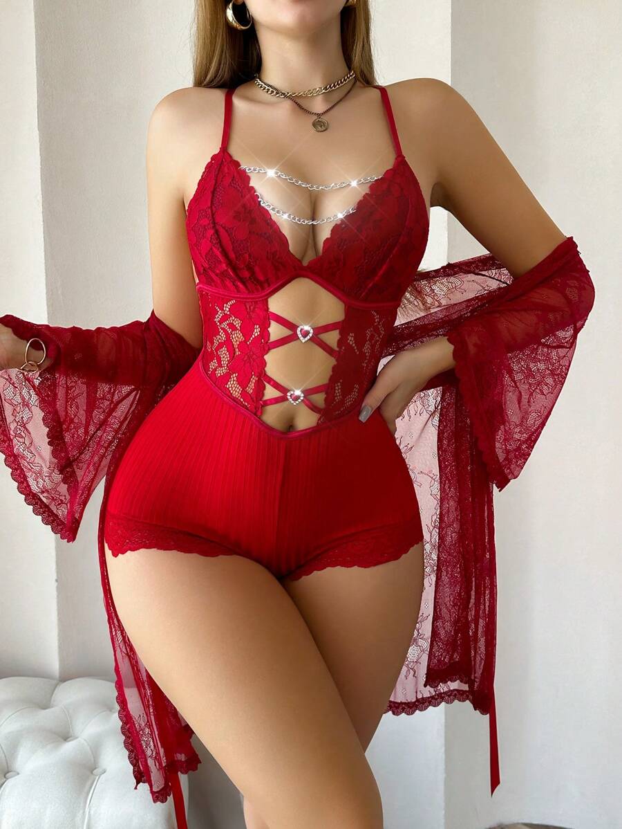 2pcs Women Lace Patchwork Hollow Out Crop Top And Lace Robe Sleepwear Set