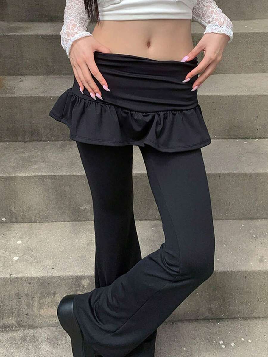 DAZY Women's Solid Color 2 In 1 Skirt With Fitted Stretch Pants, Black, All Season