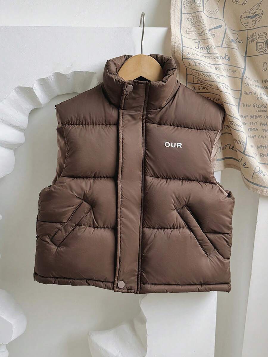 Tween Girls' Loose Casual Minimalist Comfortable Stand Collar Letter Print Sleeveless Warm Cotton Padded Coat
