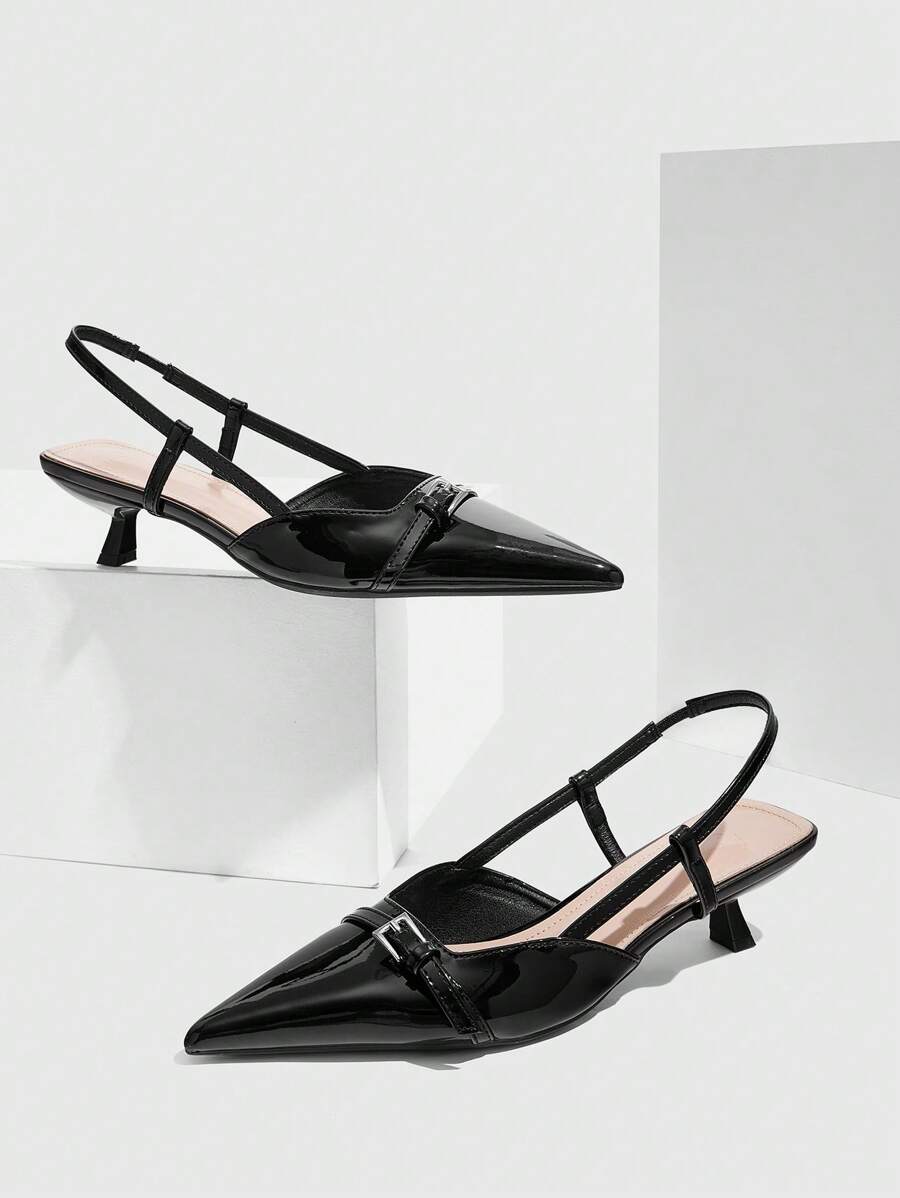 CUCCOO BIZCHIC Women's Pointed Toe Low Heel Black Comfort Slingback Flats, Suitable For Commute And Daily Wear