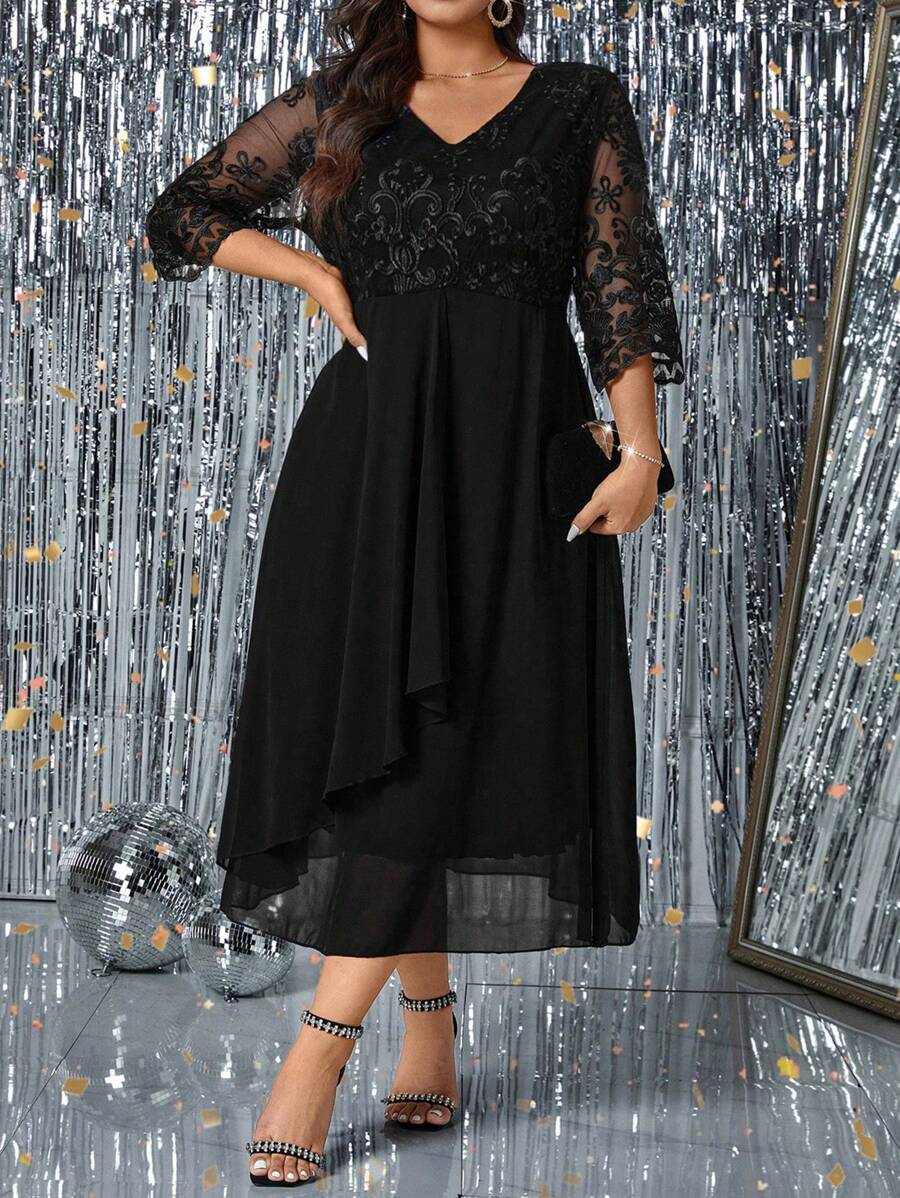 SHEIN Clasi Plus Size Women V-Neck Embroidered Contrast Mesh Elegant Dress Maxi Women Outfit