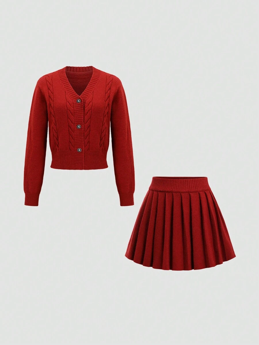 Sweetra Conjunto vintage de 2 piezas para mujer: Vestido de suéter de manga larga tejido con cable rojo, conjunto otoño/invierno Y2K para fiesta de Navidad y Año Nuevo