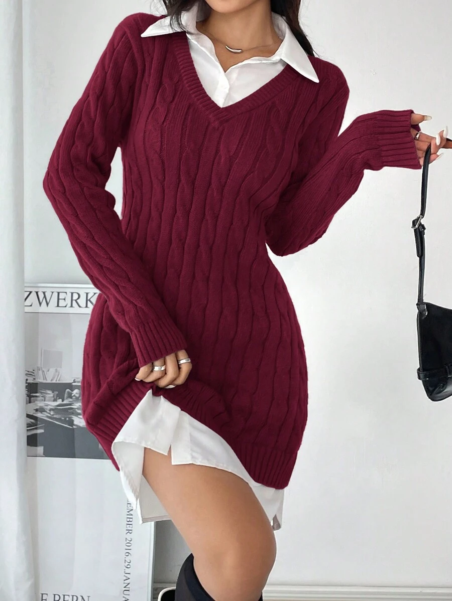SHEIN Essnce Autumn Women's Sweater Dress Gray Miumiu Style Commuting Wear, 2 In 1 Woolen Dress Daily Casual Commuting Slim Short Long-Sleeved Dress, Workplace Wear, Fall Women Outfits, Christmas Women Dress, Valentine's Day Mini Slim Slimming Dress