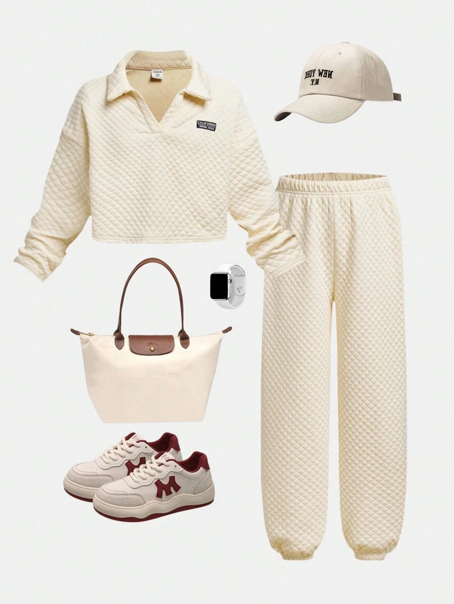 Tween-Mädchen 2-teiliges Set aus langärmligem Oberteil mit Steppkragen und passender Slim-Fit-Hose