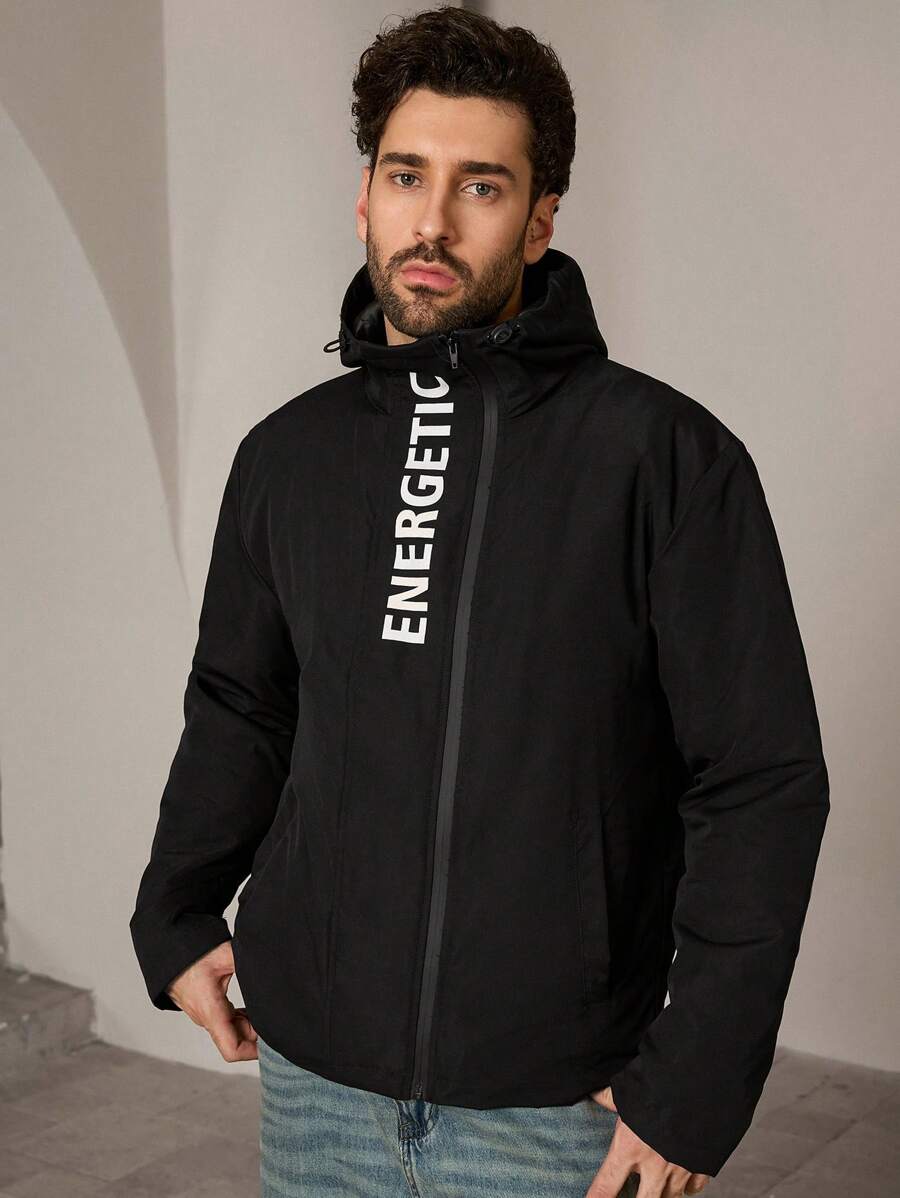 Manfinity ModaGents Chaqueta informal de manga larga y corte holgado para hombre, abrigo de invierno negro cálido con gráficos, ideal como regalo para amigos, esposo o novio