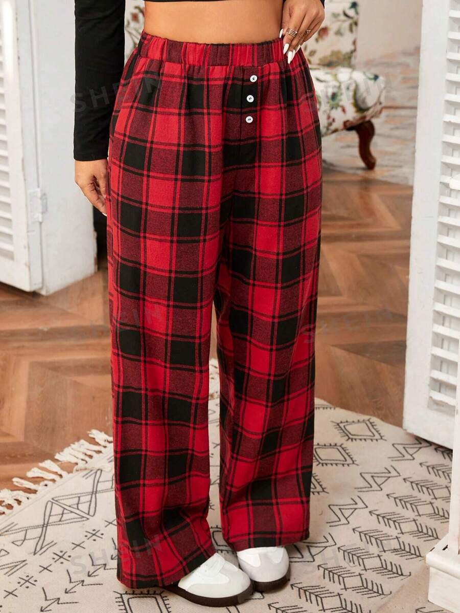 SHEIN EZwear Pantalones holgados de cuadros, de cintura elástica y diseño con botones, para mujer de talla grande, color rojo