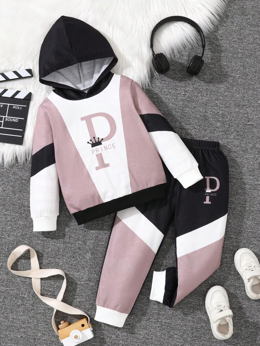 2 pièces/set Jeune garçon pull à capuche et pantalon de jogging avec imprimé lettre patchwork, casual, convient pour l'automne/hiver