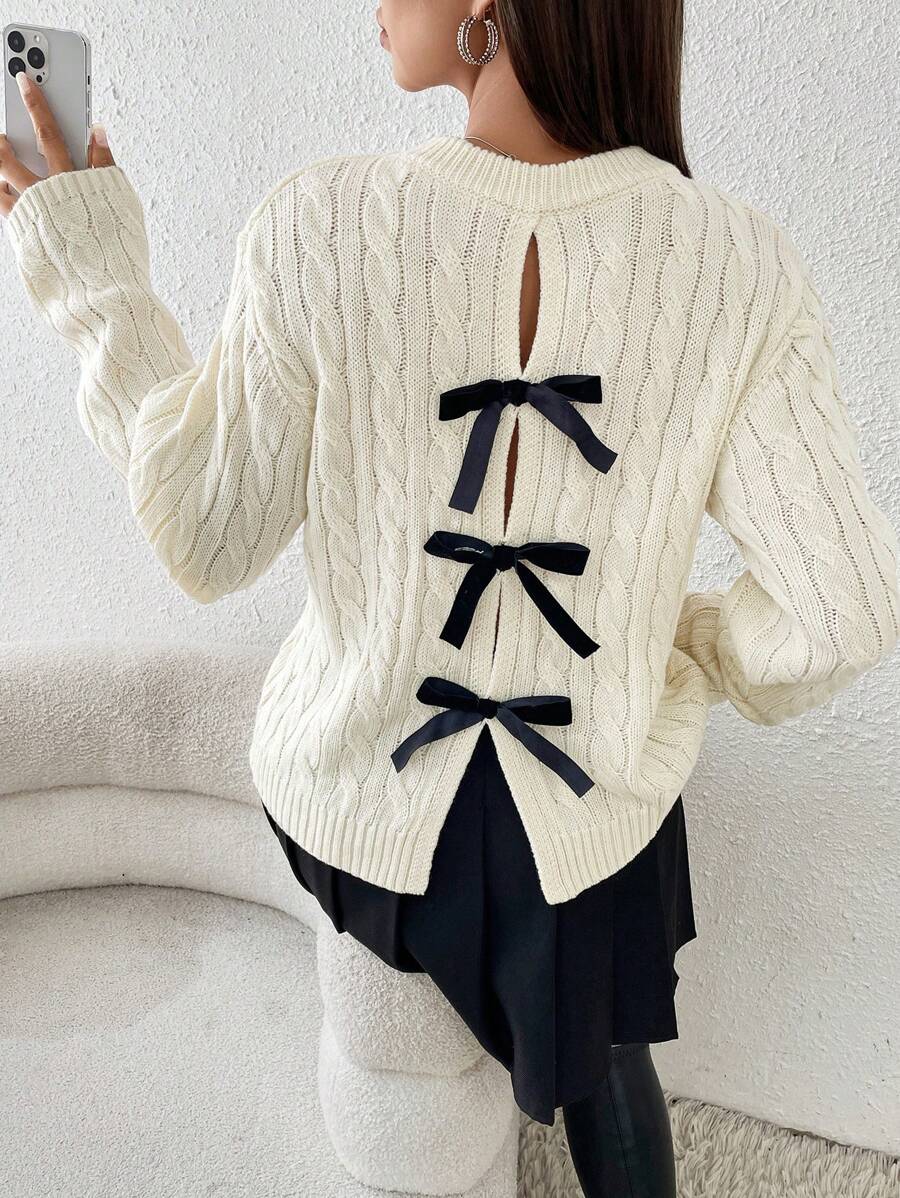 Calvaya Popular Loose Fit Round Neck Long Sleeve Knitted Warm Bowknot Sweater For Women, Color, Autumn/Winter